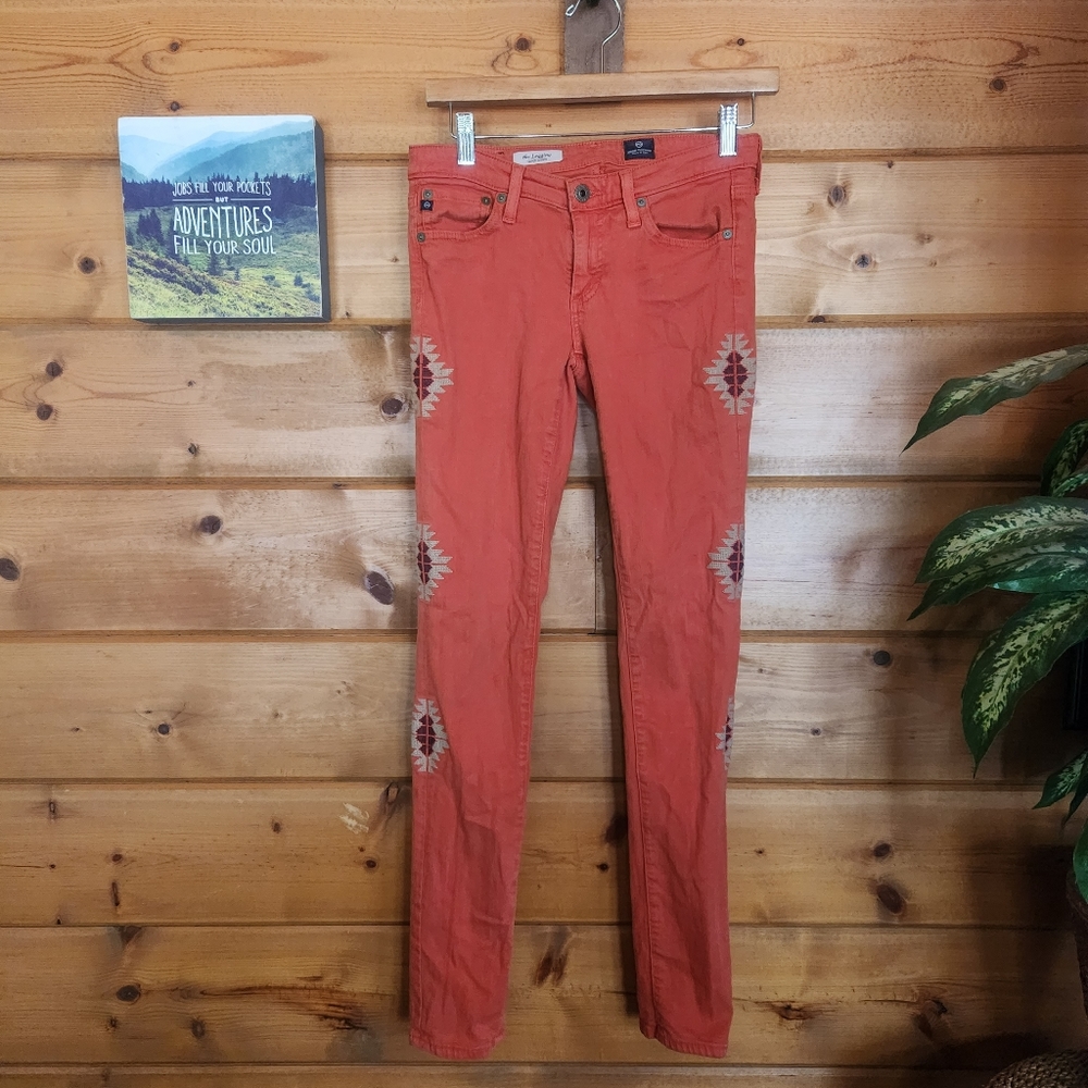 AG Adriano Goldschmied 💜 Orange Santa Fe Embroider Skinny Legging Jeans 26 X30"